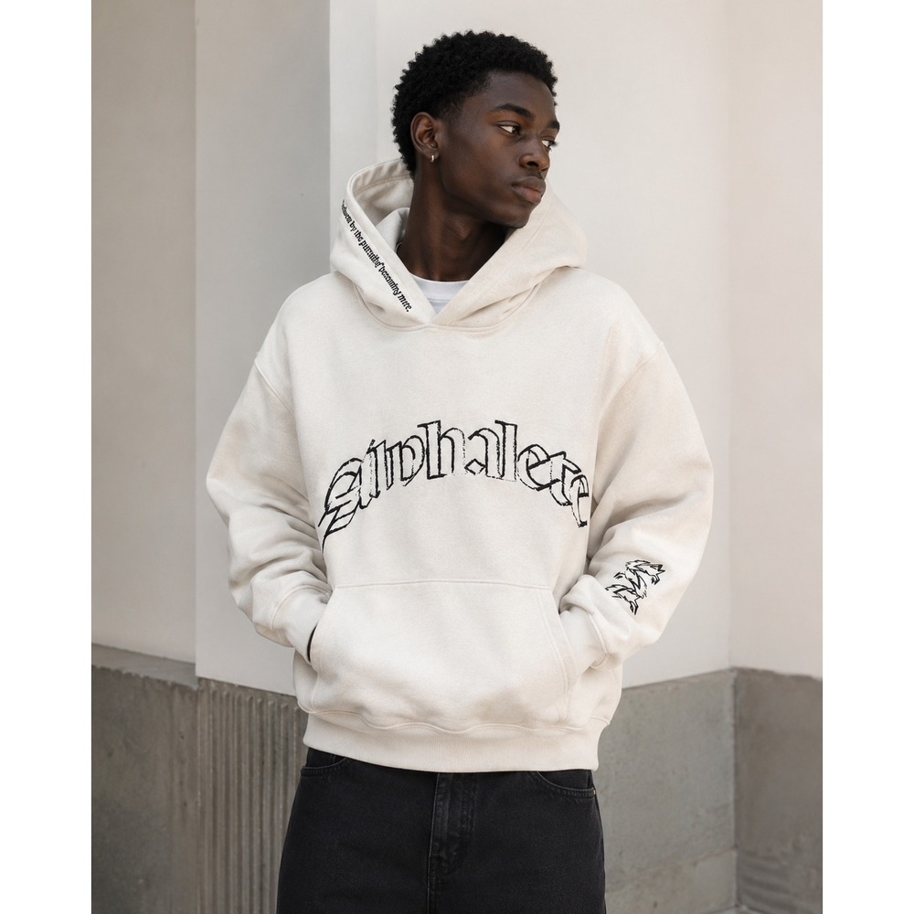 Alphalete Mens Small Cream Gothic Logo Graphic Pullover Hoodie Sweatshirt